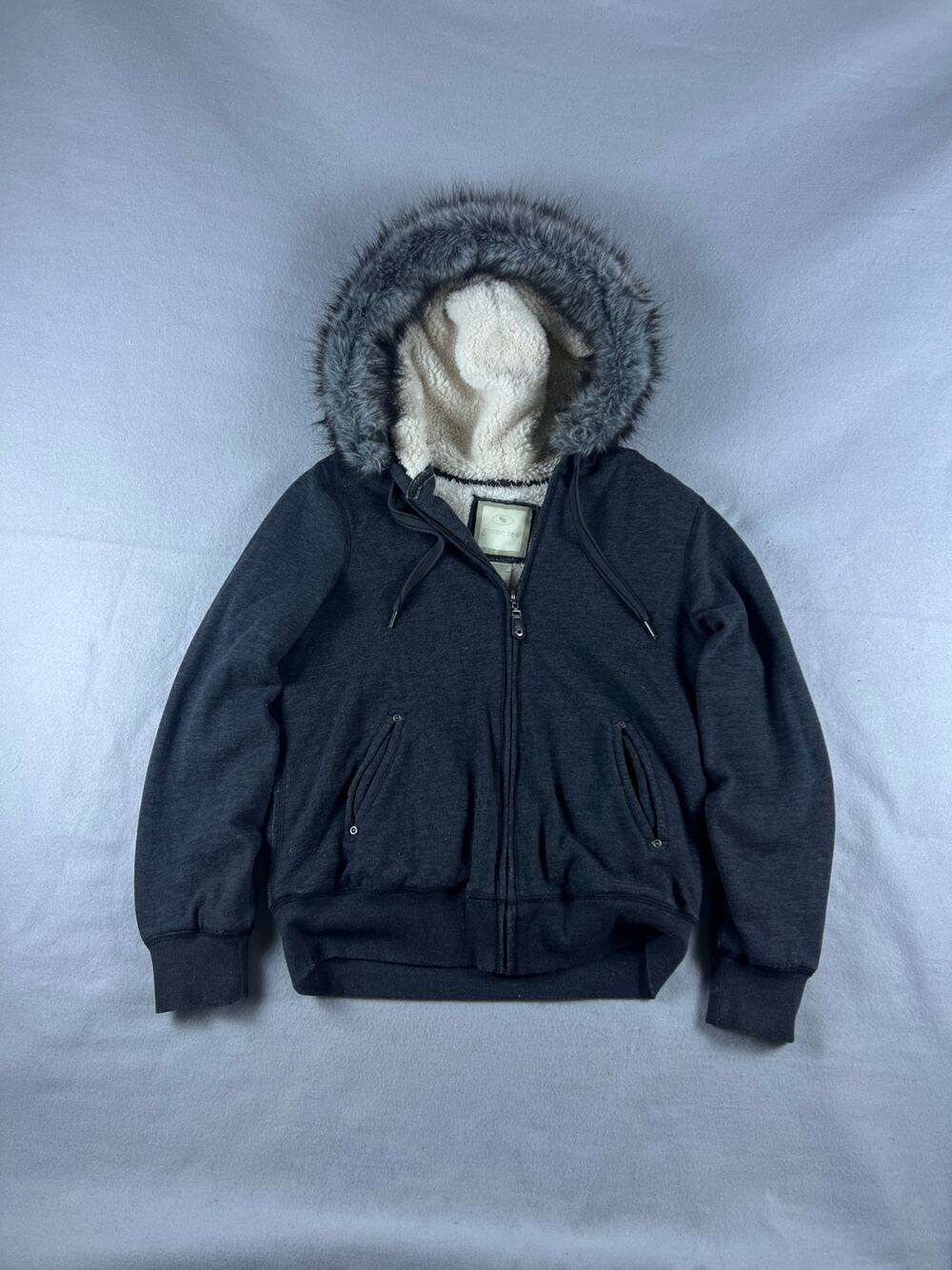 Green Tea Hoodie Jacket Womens M Charcoal Gray Faux Fur Fleece Lined Sweatshirt